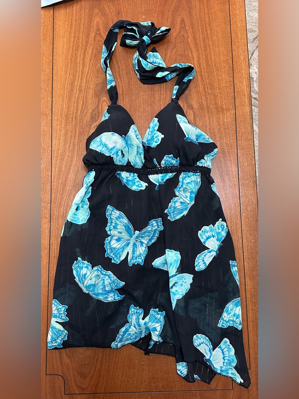 Jordache Butterfly Halter Top Juniors L Black Blue Y2K Handkerchief Hem
